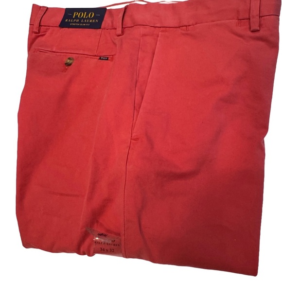 NWT Men Ralph Lauren Polo Logo Chino Slim Fit Flat Front Pants Sz 34x32 Red - Picture 1 of 12